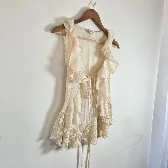 Vintage Y2K XXI Ruffled Tie Front Top Lace Trim Back Tie Floral Cream Sm Fairy - Picture 3 of 6